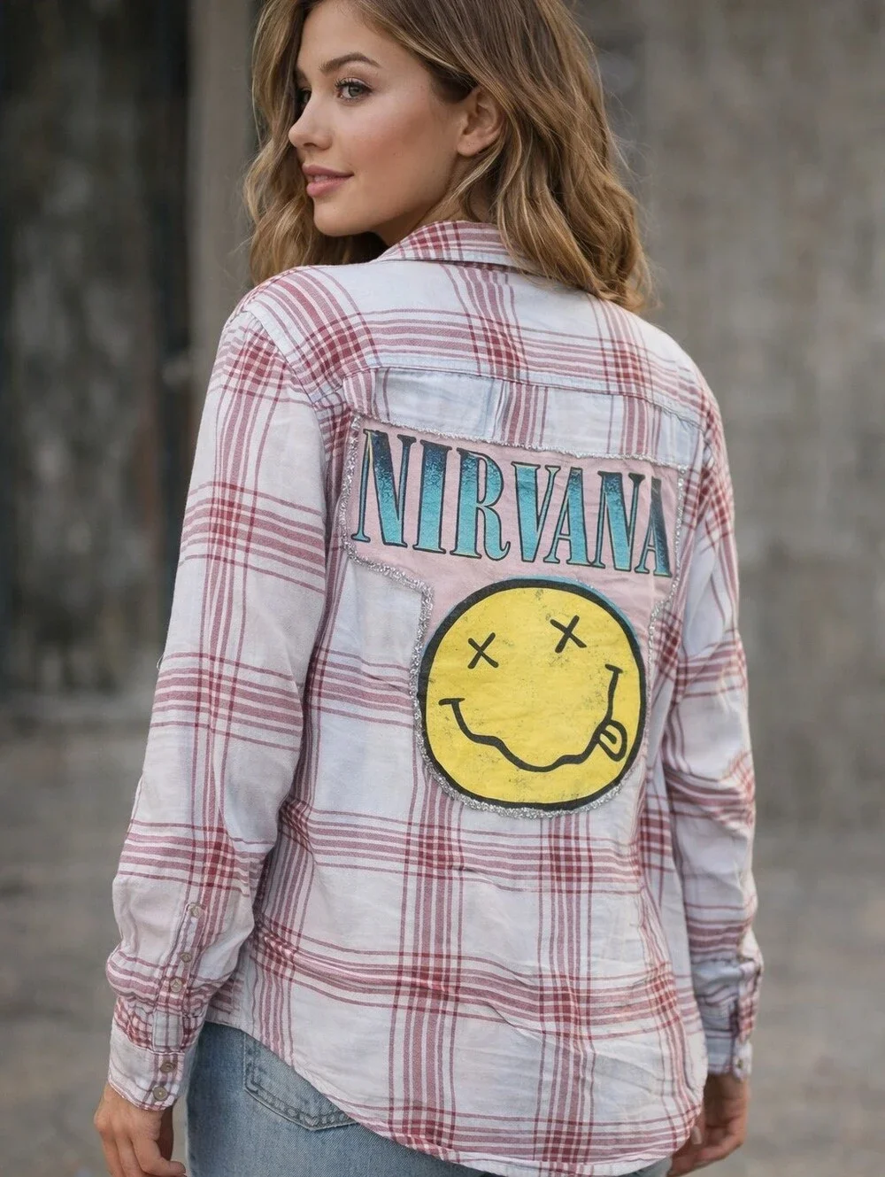 Upcycled Nirvana Shirt Bleached Plaid Long Sleeve Button Down Shirt210 - Picture 2 of 5